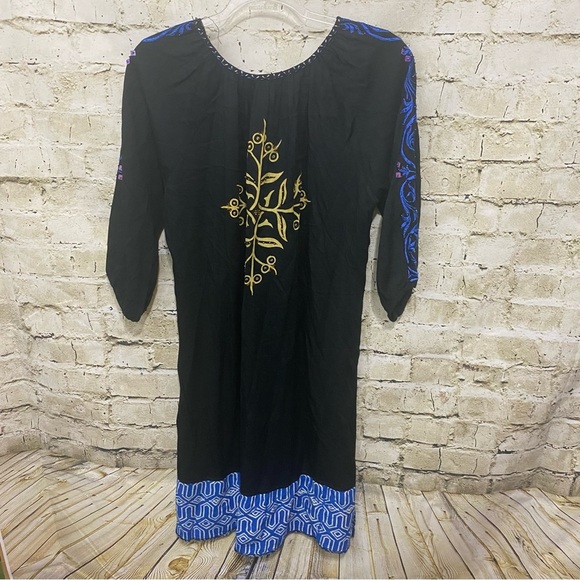 Usindo Black Blue Floral Embroidered Popover 3/4 Sleeve Coverup Dress - Picture 4 of 5